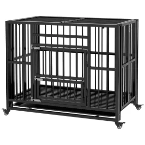 37" Heavy Duty Dog Crate Foldable Dog Cage with Openable Top Locks Removable Tray Wheels - Black