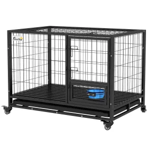43" Heavy Duty Dog Crate on WheelsWith Bowl Holder Removable Tray Detachable Top Double Doors for L XL Dogs