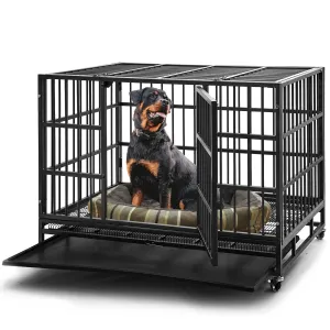 48 inch Heavy Duty Indestructible Dog Crate Steel Escape Proof, Indoor Double Door High Anxiety Cage, Kennel with Wheels