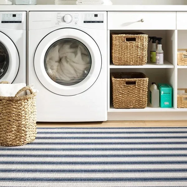 Blue Awning Stripe Machine Washable Rug