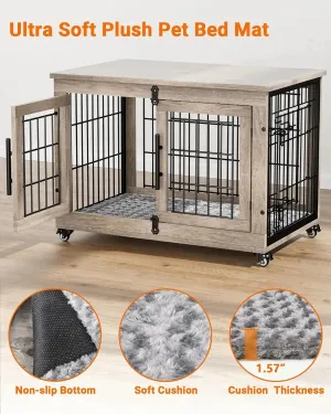 Dog Crate Furniture with Cushion, Wooden Kennel with Double Doors, Heavy Duty Cage End Table with Wheels, House