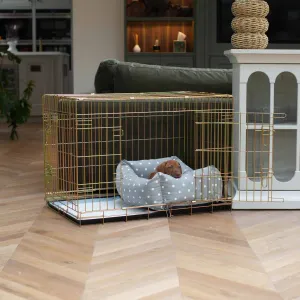 Gold Dog Crate with Cosy & Calming Puppy Crate Bed in Grey Spot by Lords & Labradors