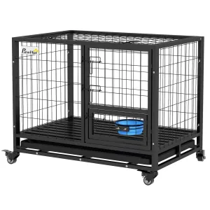 Heavy Duty Dog Crate on WheelsWith Bowl Holder Removable Tray Detachable Top Double Doors for L XL Dogs
