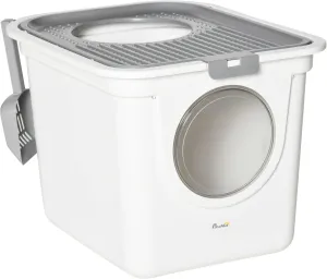 PawHut Cat Litter Tray Pet Litter Box w/ Front Entrance, Top Exit, Scoop - White