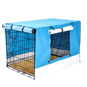 Wire Dog Cage Crate 48in with Tray   Cushion Mat   Blue Cover Combo